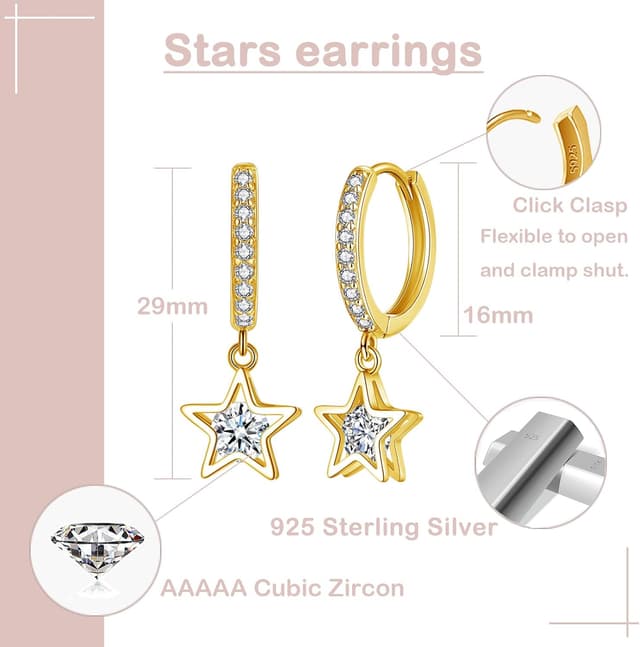 Detalle 2 de Josfeva 925 Sterling Silver Hanging Hoop Earrings with Zirconia Pendants (Star, Teardrop or Heart)