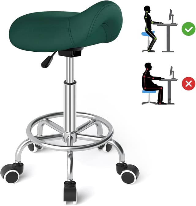 Detalle de Sattelhocker Ergonomisch mit Rollen & Ringpedal – drehbarer, höhenverstellbarer Sattelstuhl (Grün)