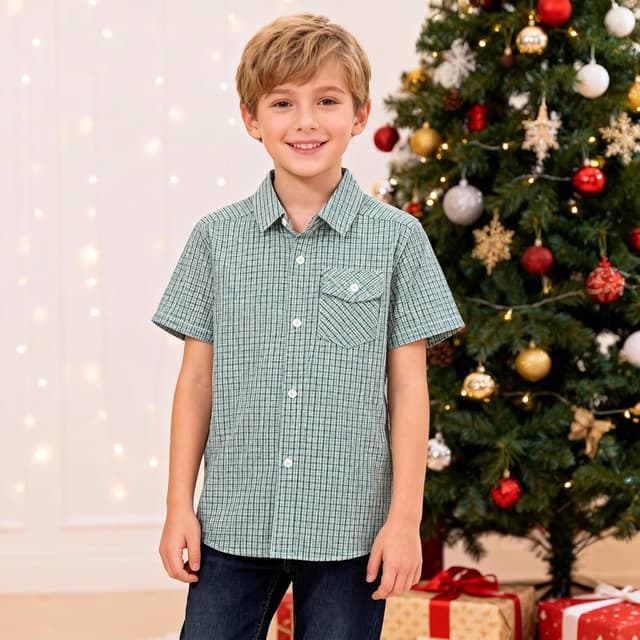 Detalle 2 de Bienzoe Boys Checked Shirt for Son – kids short sleeve school button-up