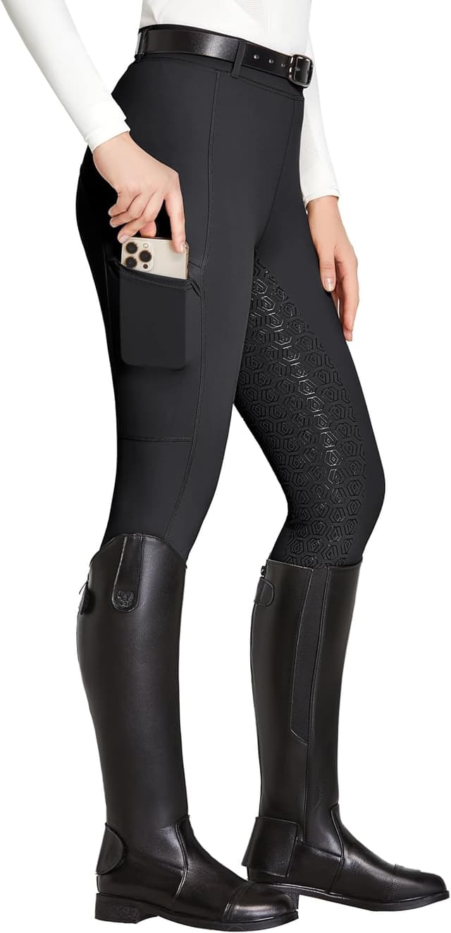 Detalle de FitsT4 Sports Reitleggings für Damen mit Silikon-Vollbesatz, Handytasche & Gürtelschlaufen