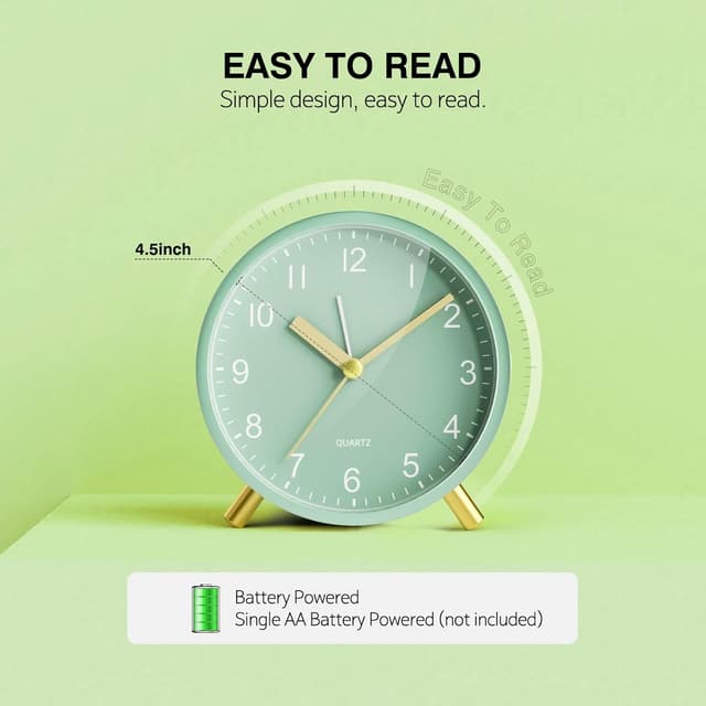 Detalle 2 de Jisile Silent Non-Ticking Battery Alarm Clock with Night Light (Sage Green)