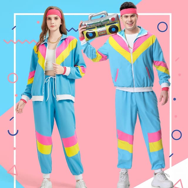 Detalle de Coseaon 80er/90er Trainingsanzug-Set für Herren & Damen – Jacke, Hose und Retro-Accessoires