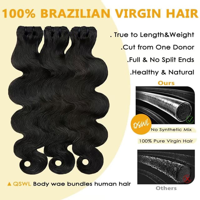 Detalle de 14A Human Hair Bundles (Body Wave) 20, 22, 24 Inch — 100% Unprocessed Brazilian Virgin Hair, 3 Bundles