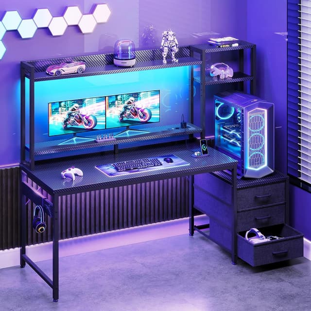 Detalle 2 de Coleshome Scrivania Gaming con libreria e cassetti, LED e presa di corrente, 137×48 cm (nero fibra di carbonio)