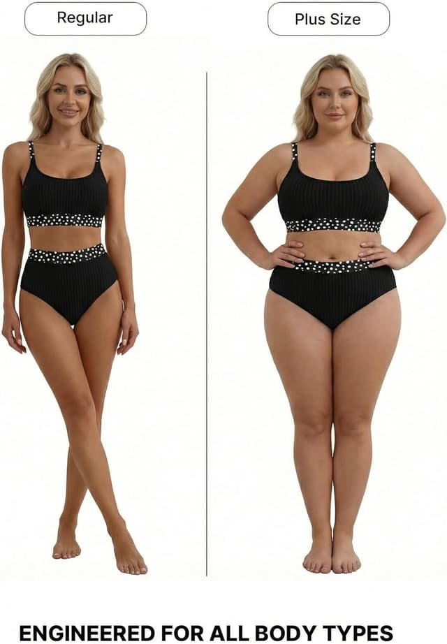 Detalle 2 de Herseas Women's Textured Bikini Set with Floral Print Trim (Scoop Neck, High-Waisted)