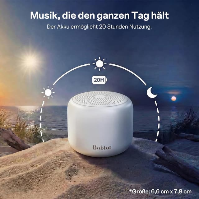 Detalle de Bobtot Tragbarer Bluetooth-Lautsprecher mit wasserdichtem Design, 15 Stunden Akkulaufzeit & Freisprechfunktion (Weiß)