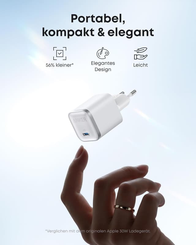 Detalle de Anker Nano 45W USB‑C Ladegerät (kompaktes Netzteil) inkl. 1,8 m USB‑C Kabel – Schnellladen für iPhone, iPad, MacBook & mehr