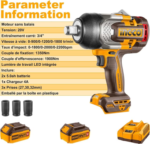 Thumbnail 6 de INGCO CIWLI20135 3/4 Inch High Torque Impact Wrench 1350NM (20V Brushless) with 2x 5.0Ah Batteries & Charger