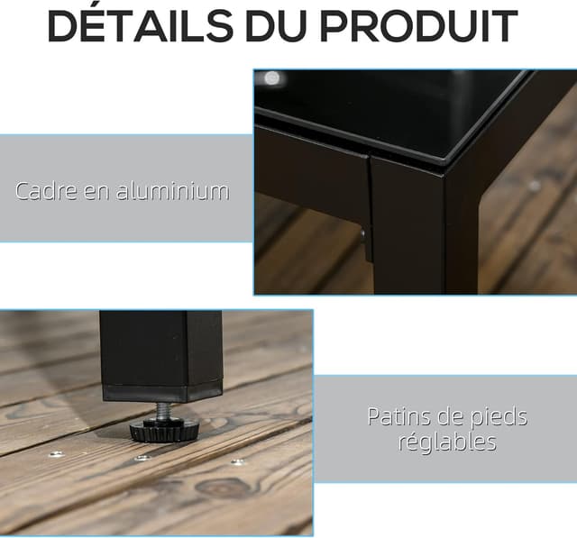 Detalle de Outsunny Table de jardin rectangulaire pour 8 personnes en aluminium et verre trempé, 180 x 80 x 72 cm (noir)