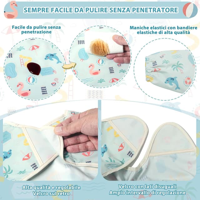 Detalle 2 de Little Dimsum Bavaglino per svezzamento con maniche lunghe impermeabili e tasca grande 6-36 mesi