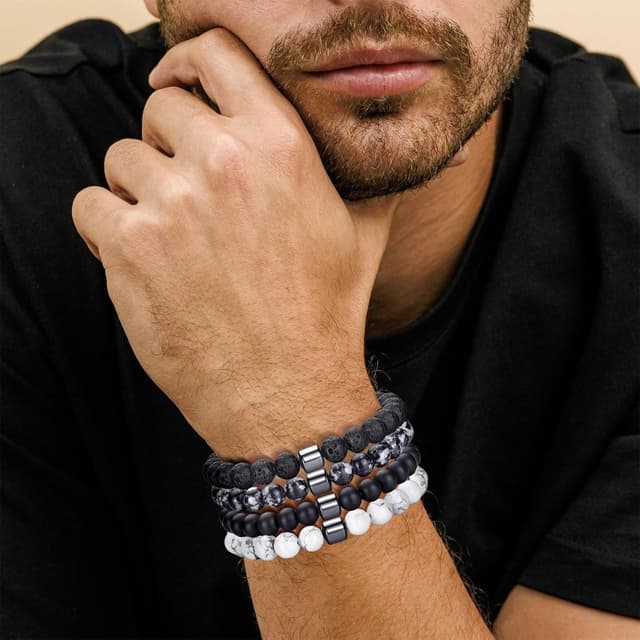 Detalle 2 de MOROTOLE Herren-Armband-Set mit 8 mm Tigerauge & Lavastein (Stretch, Naturstein)