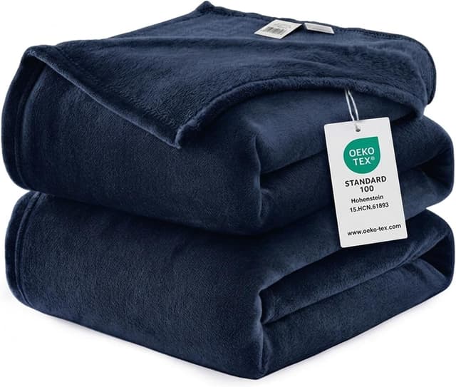 Detalle de WAVVE King Size Fleece Blanket (Navy Blue) 270x230 cm – Fluffy soft, reversible throw for bed or sofa