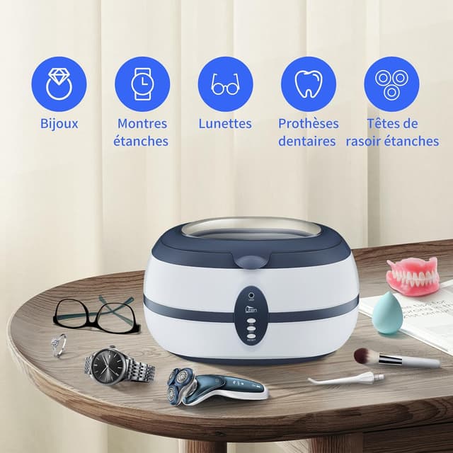 Detalle de Uten Nettoyeur à ultrasons 600 ml avec panier et support automatique (40 000 Hz) pour bijoux, lunettes, dentier