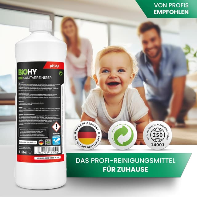 Detalle de BiOHY Sanitärreiniger Plus – Kalkentferner Konzentrat für Fliesen, Dusche & WC (1 l) mit EU Ecolabel