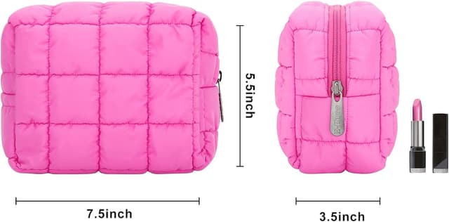 Detalle 2 de E-Tree Quilted Cute Makeup Bag (Checkered, Hot Pink) for Purse & Travel Essentials
