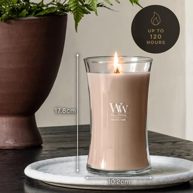 Detalle de Grande bougie parfumée WoodWick Patchouli Crème à mèche crépitante (jusqu’à 130 heures)
