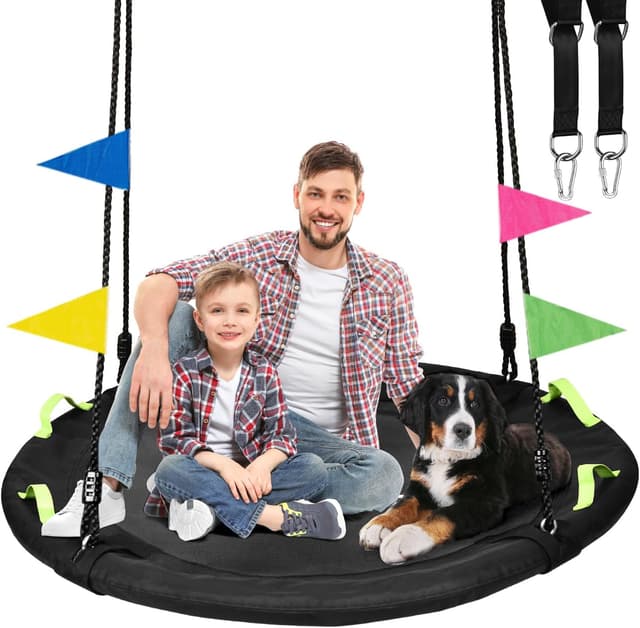 Detalle de HeyZoo 48-inch Tree Swing with Larger Saucer Seat, 900 lb Capacity, Adjustable Hanging Straps (Black)