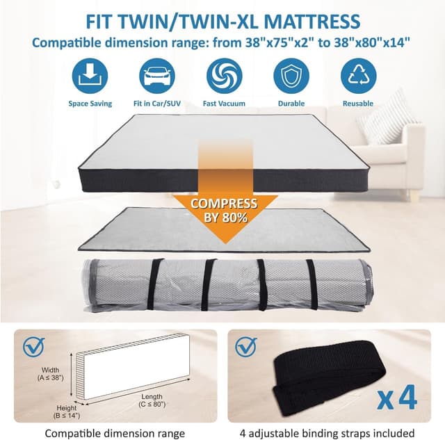 Detalle de Storage Logic Foam Mattress Vacuum Bag for Moving & Storage (Twin/Twin XL) with Straps