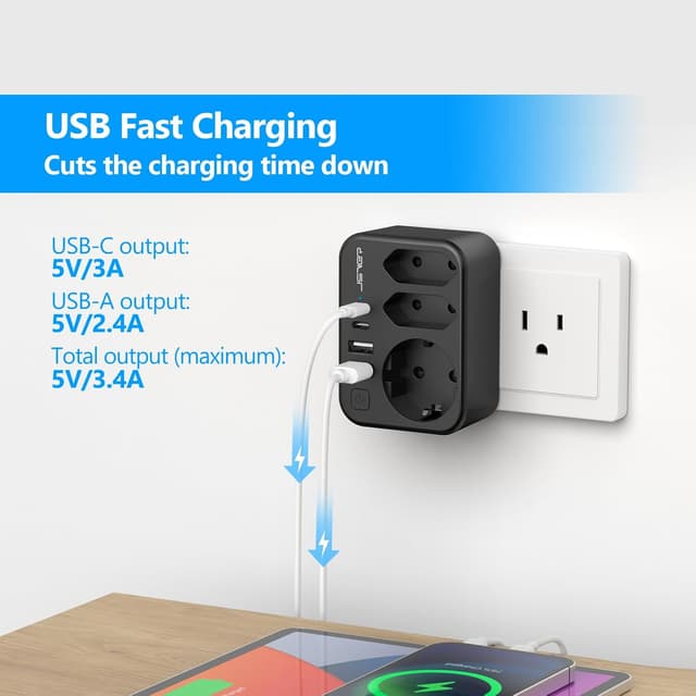 Detalle de Adaptateur de voyage JSVER 7 en 1 France vers États-Unis/Canada avec 4 ports USB et 2 prises Type B (noir)