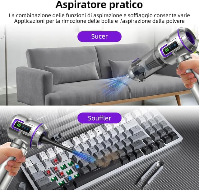 Detalle de Aspirabriciole Senza Fili 25000Pa 4-in-1 con schermo, one-touch dust dump e motor brushless Argento