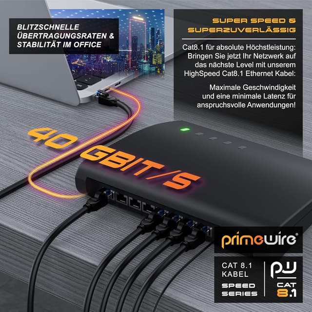 Detalle de CSL-Computer CSL 2m Netzwerkkabel CAT 8 (CAT 8.1, Klasse 1) S/FTP mit RJ45 – 40-Gbit/s LAN Patchkabel, schwarz