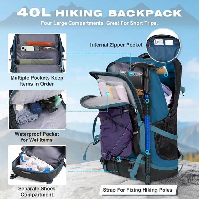 Detalle 2 de RAINSMORE 40L Foldable Hiking Backpack (Water-Resistant) – Lightweight Rucksack for Walking, Camping & Travel