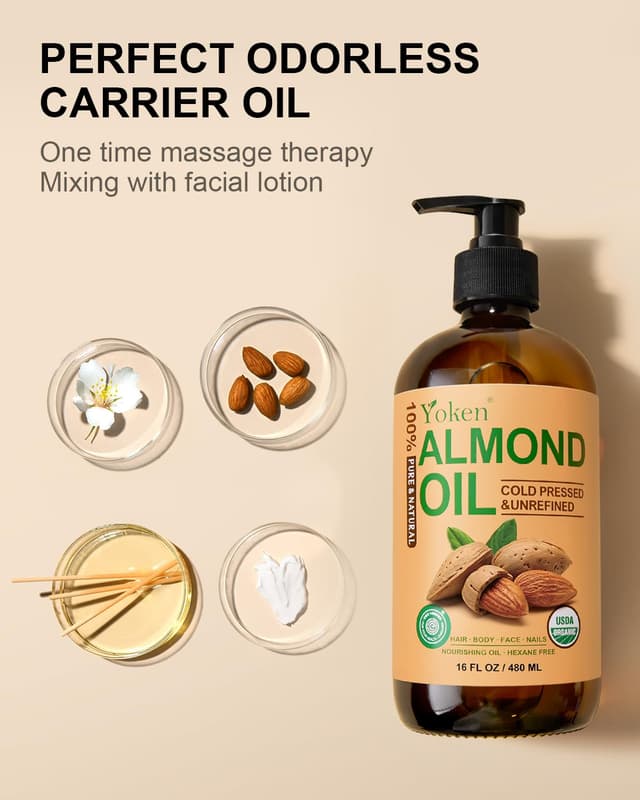 Detalle de Yoken Organic Almond Oil (16 fl oz) — 100% Pure Cold-Pressed Almond Oil for Face, Hair & Body