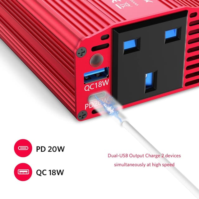 Detalle 2 de BESTEK Power Inverter 12V to 240V 300W with PD20W USB-C, QC18W USB-A & 3-Pin Socket