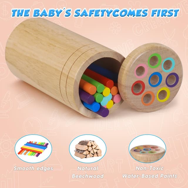 Detalle de Joozmui Montessori Holzspielzeug zum Sortieren & Stapeln (ab 1–2 Jahren) – 16 Stäbe in 8 Farben