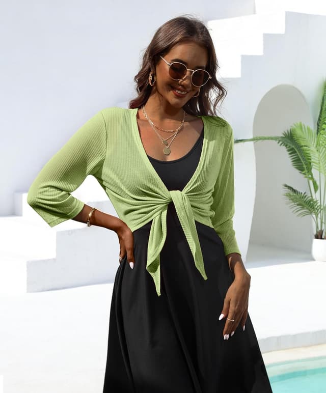 Detalle de PrinStory V-Neck tie-front shrug for women, lightweight 3/4 sleeve layer top