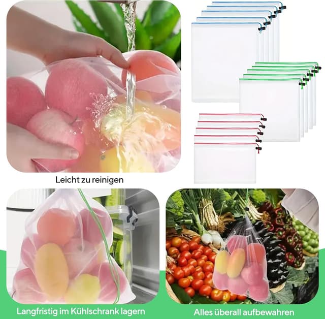 Detalle de DAMIHAI 15er Set Obst- und Gemüse-Netztaschen mit Kordelzug (3 Größen) – wiederverwendbare Netzbeutel