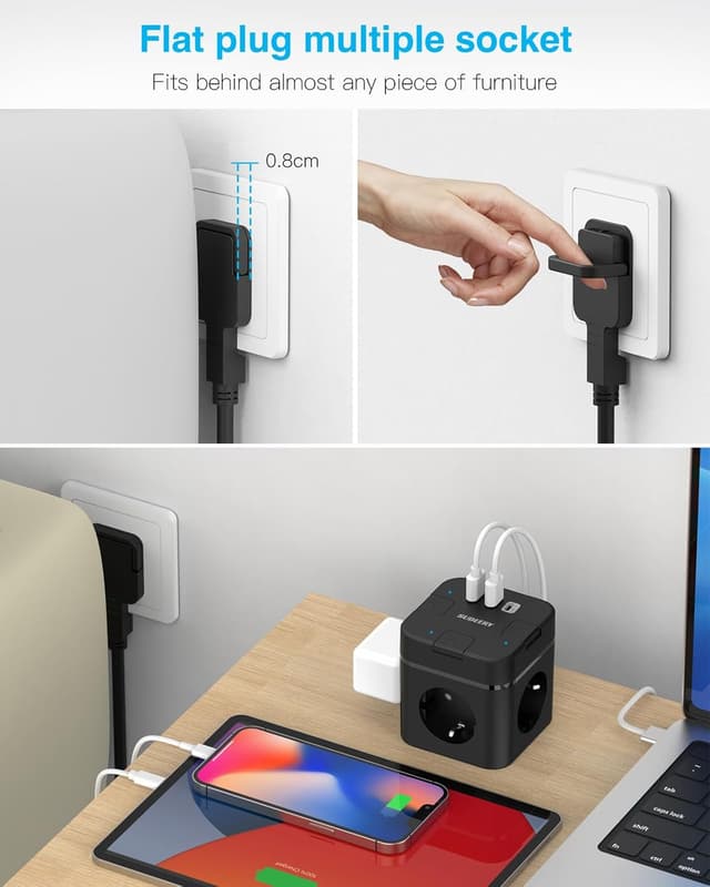 Detalle 2 de 6-in-1 Steckdosenwürfel mit USB‑C, 4 m Kabel 🔌
