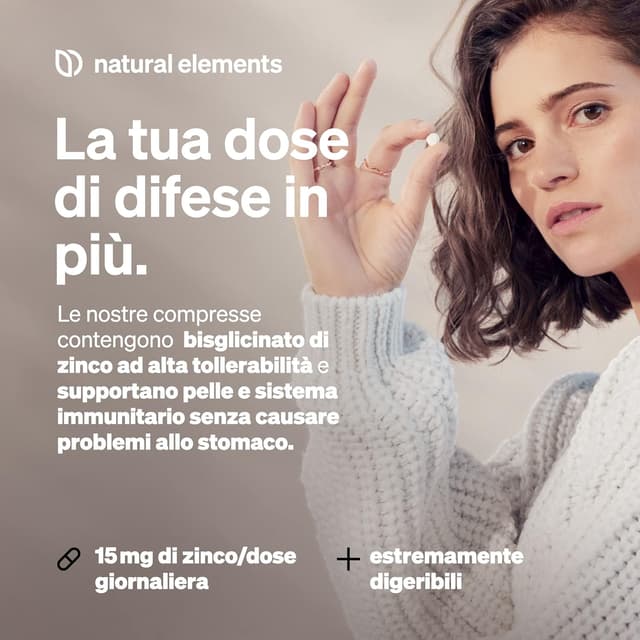 Detalle de Natural Elements Zinco Integratore – 15 mg, 365 compresse vegan per acne e brufoli (bisglicinato di zinco)