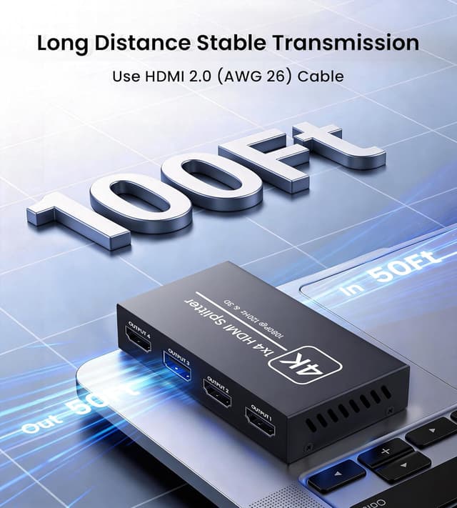 Detalle de NEWCARE HDMI Splitter 1 auf 4 (4K) – HDMI-Verteiler für 4 Bildschirme gleichzeitig (1 Eingang, 4 Ausgänge)