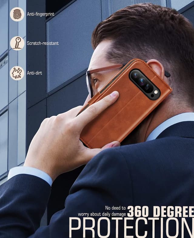 Thumbnail 6 de OCASE Kompatible Hülle für Google Pixel 9 Pro XL – PU Leder-Flipcover mit Kartenfach, Standfunktion und RFID-Schutz (braun)