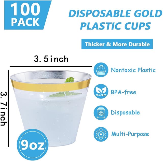 Thumbnail 6 de Hioasis 200Pcs Clear Plastic Cups with Gold Trim (9OZ), BPA-Free Disposable Party Cups