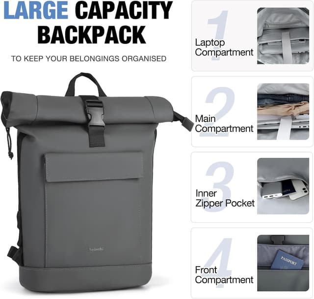 Detalle 2 de Lekeinchi rolltop backpack for men and women with 17-inch laptop compartment (Grey)