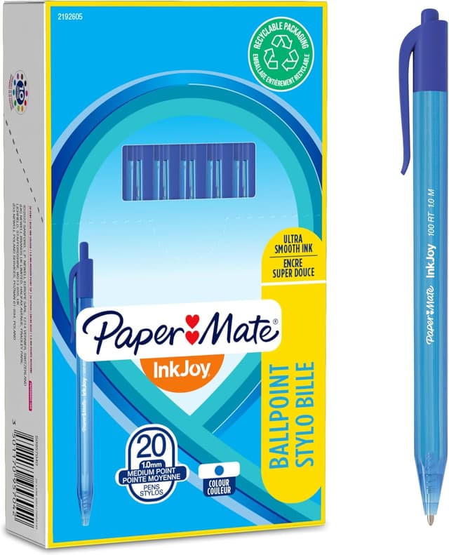 Detalle de Paper Mate InkJoy 100RT Retractable Ballpoint Pens, Medium 1.0mm Tip, Blue (20 pack)