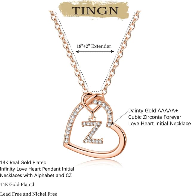 Detalle de TINGN Damenkette im Herz-Letter-Design (A–Z) – vergoldet, nickelfrei, mit Verlängerung