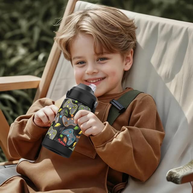 Detalle de Ntswasd boys insulated water bottle with straw (350 ml) – stainless steel, leak proof for school