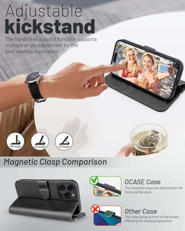 Detalle 2 de OCASE iPhone 16 Pro Max Hülle mit Kartenfach, Standfunktion und RFID-Schutz (PU-Leder, Klapphülle) – Graphit