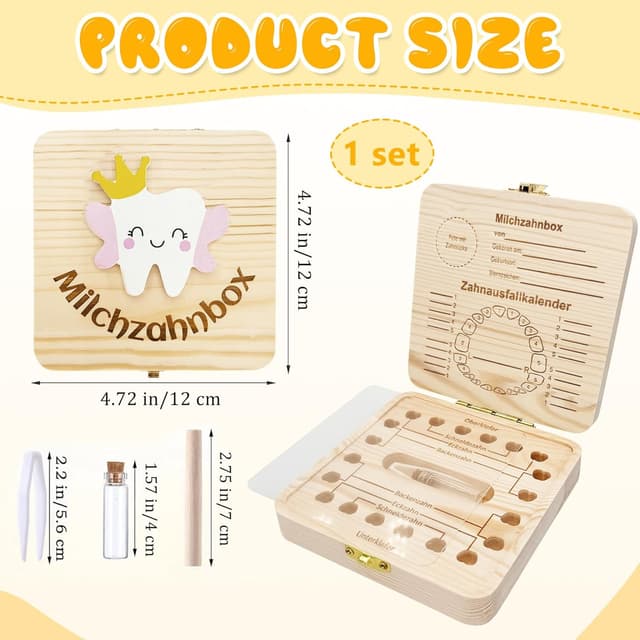Detalle 2 de Shengruili Zahnbox aus Holz für Milchzähne – Aufbewahrungsbox mit Schlossdesign