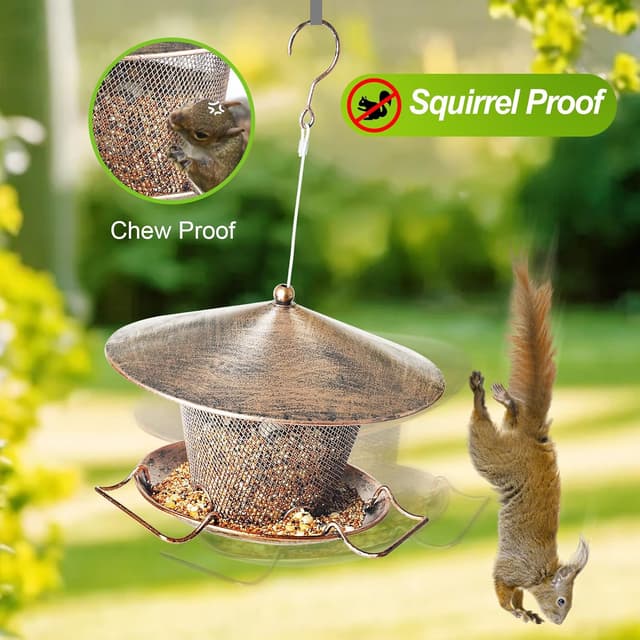 Detalle de IWTTWY hanging squirrel-proof metal bird feeder with weatherproof roof and 3 lbs seed capacity