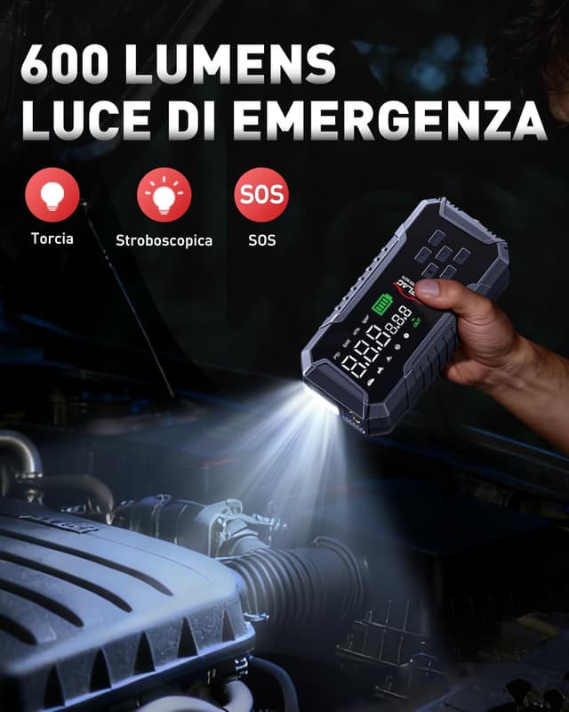 Detalle de ANFLAG Booster Avviamento Auto 8000A con Compressore 160 PSI, 26800 mAh e USB-C (600 lm)