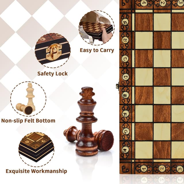 Detalle 2 de Aissom Schachspiel aus Holz 2‑in‑1 klappbar mit Magnet & Stauraum (39 x 39 cm) – Reiseschach für Kinder