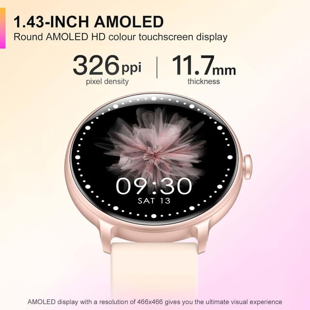 Detalle 2 de AcclaFit Smart Watch (1.43” AMOLED) with Bluetooth calling, heart rate & sleep tracking, IP68 waterproof (Pink)