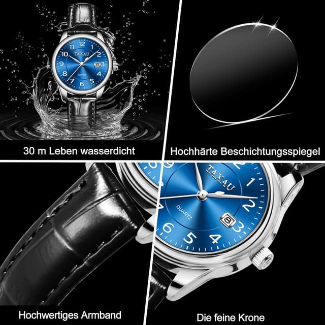 Thumbnail 4 de Taxau Damenuhr mit Lederarmband, analoges Quarzwerk & Datumsanzeige (28 mm, 3 Bar)