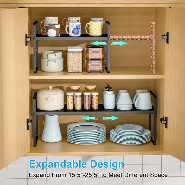 Detalle de 15.5–25.5 Inch Adjustable Kitchen Cabinet Shelf Organizers (Set of 3) — Expandable, Stackable Countertop Storage Shelves, 30LBS Heavy Duty
