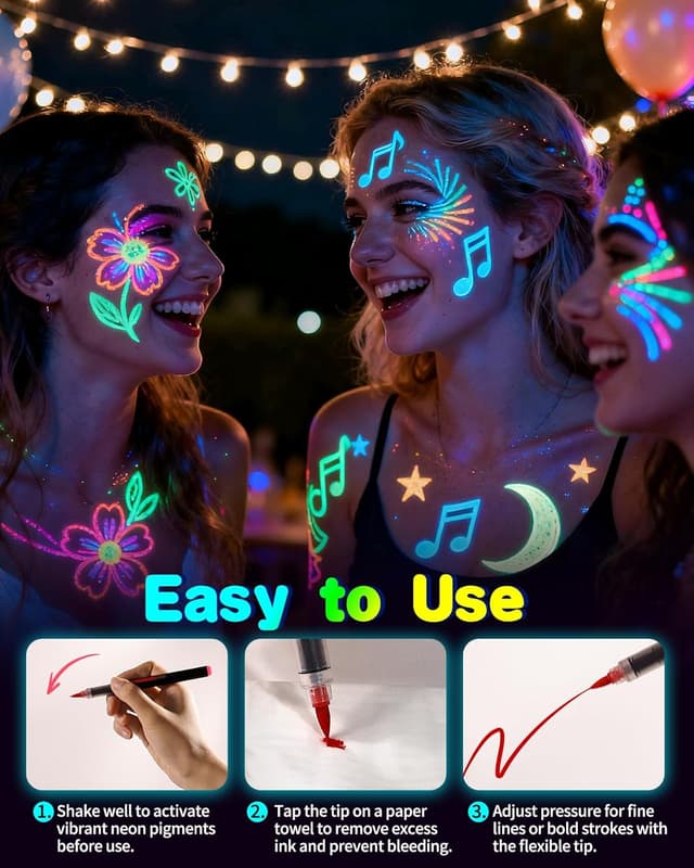 Detalle 2 de Oiomniv UV-Schwarzlicht Stifte Set (10 Farben) für Neon-Glow Face & Body Paint