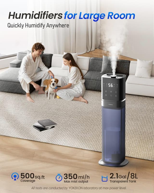 Detalle de YOKEKON 8L Cool Mist Humidifier for Large Rooms (Top Fill, 360° Nozzle, Essential Oil Tray, 5 LED Lights, 12H Timer) — Blue